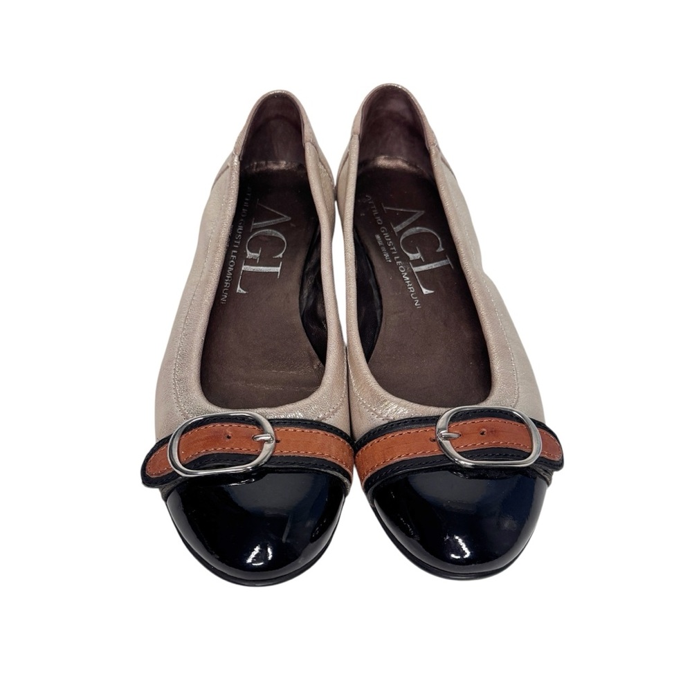 AGL ATILLIO GIUSTI LEOMBRUNI GOLD BLACK CAP TOE FLAT SZ 36/6